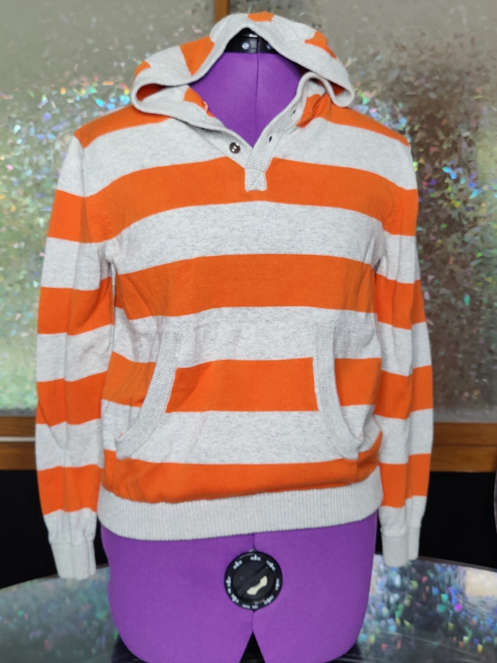 Striped Hooded Pullover Sweatshirt in Orange and Cream